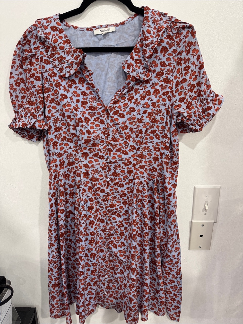 Madewell Blue Floral Ruffle Collar Dress